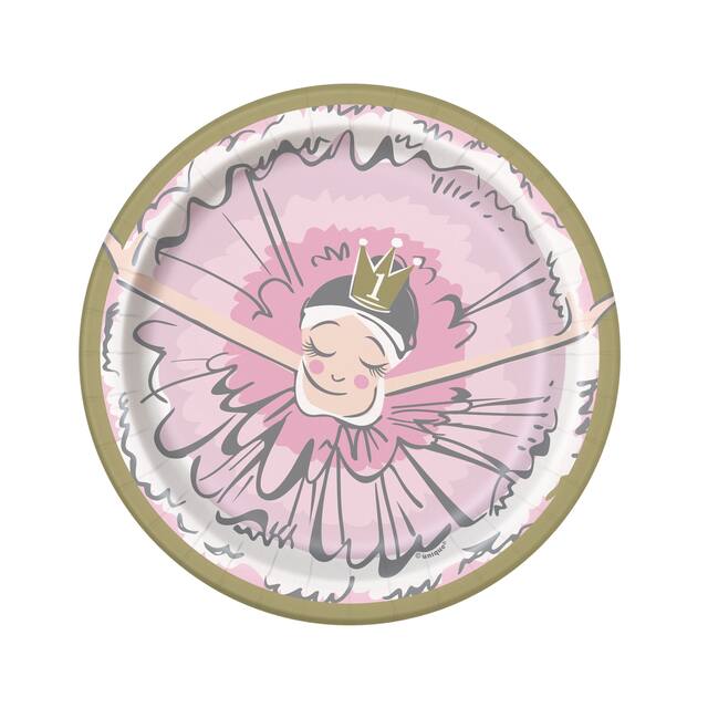 Swan Ballerina "1" Round Paper Disposable Dessert Plates, Pink/Gold, 7-in, 8-pk, for Birthday Party Overhead_Flat