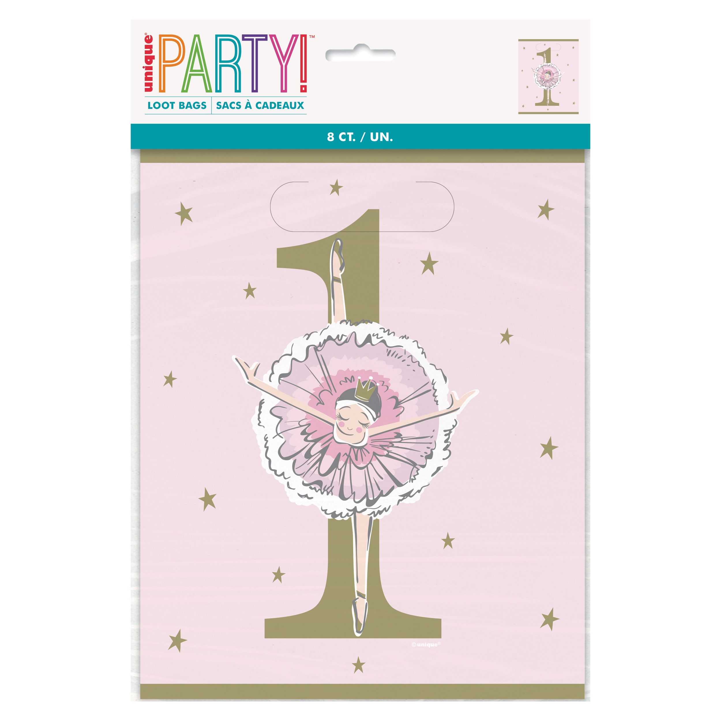 Sacs à surprises de 1er anniversaire roses et dorés ballerines d’Unique, paq.&nbsp;8 Front_Flat