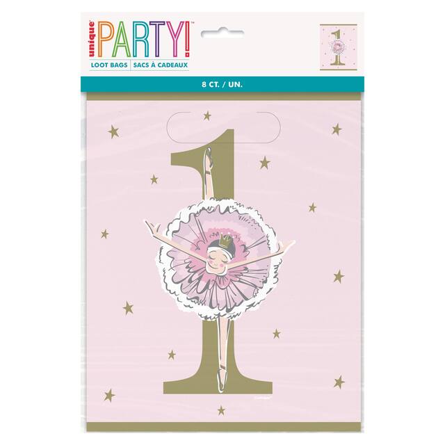 Swan Ballerina "1" Paper Loot Bags, Pink/Gold, 9-in, 8-pk, for Birthday Party Front_Flat