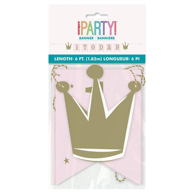 Swan Ballerina "1 Today" Hanging Garland Banner Decoration, Pink/Gold, 6-ft, for Birthday Party Front_Flat