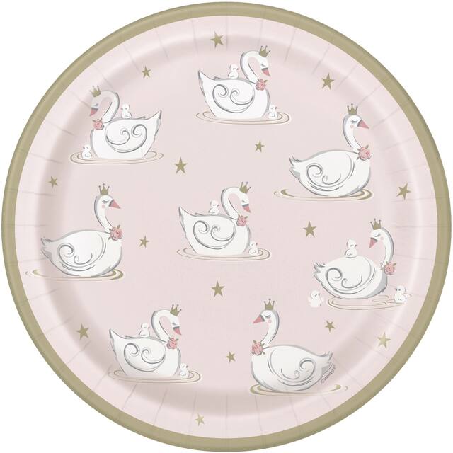 Swan Ballerina Round Paper Disposable Lunch Plates, Pink, 9-in, 8-pk, for Birthday Party Overhead_Flat