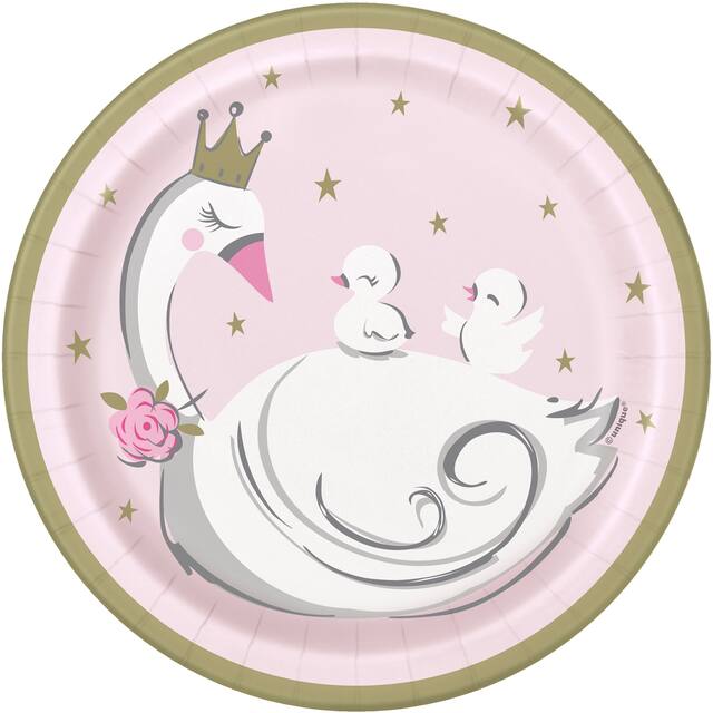 Swan Ballerina Round Paper Disposable Dessert Plates, Pink, 7-in, 8-pk, for Birthday Party Overhead_Flat