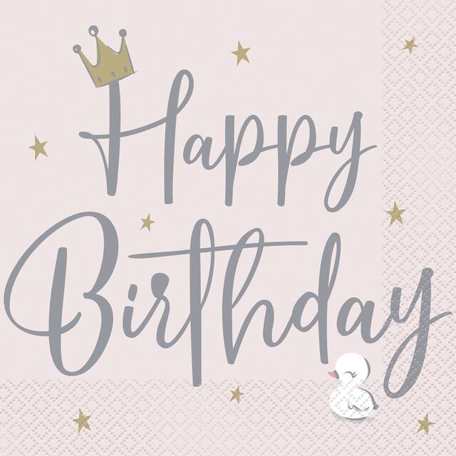 Swan Ballerina "Happy Birthday" Square Paper Disposable Lunch Napkins, Pink/Gold, 6.5-in, 16-pk, 2-ply, for Birthday Party Overhead_Flat