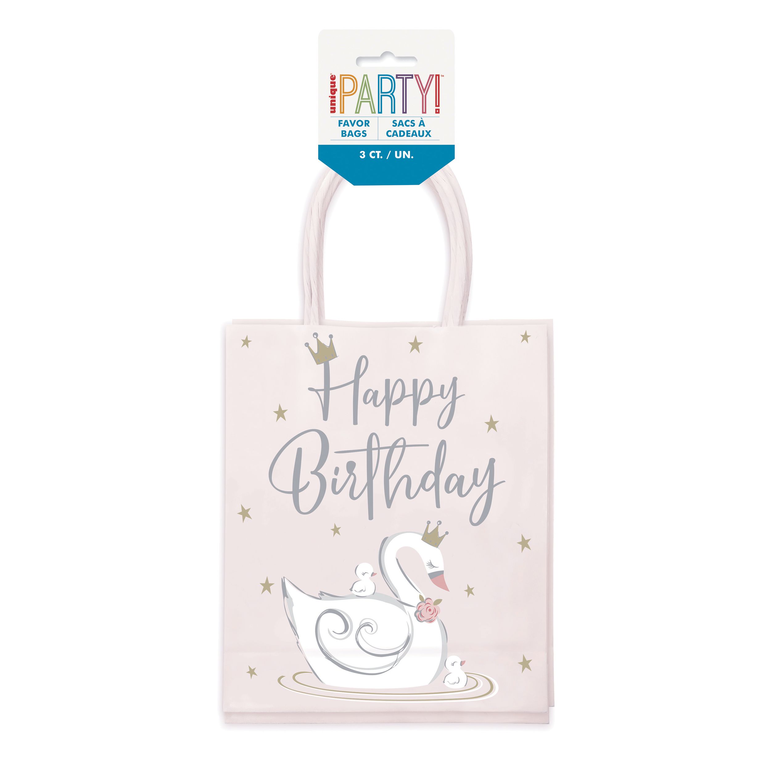Swan Ballerina "Happy Birthday" Paper Gift Bags, Pink/Gold, 5-in, 3-pk, for Birthday Party Front_Flat