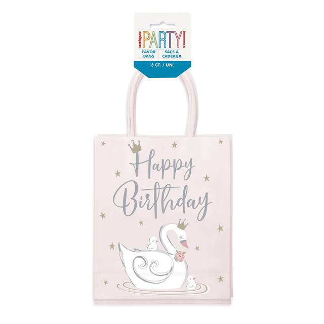 Swan Ballerina "Happy Birthday" Paper Gift Bags, Pink/Gold, 5-in, 3-pk, for Birthday Party Front_Flat
