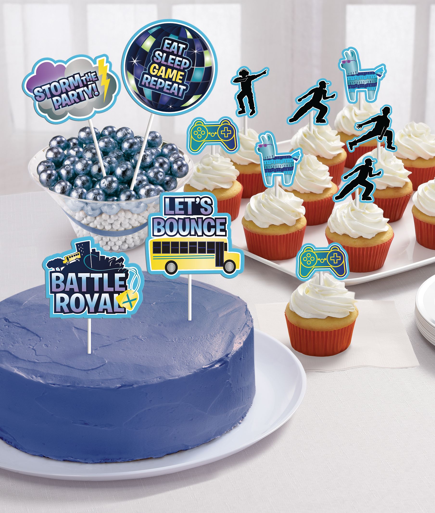 Battle Royal "Eat Sleep Game Repeat" Cupcake Treat Toppers, Blue, 12.25-in, 12-pk, for Birthday Party Front_Flat