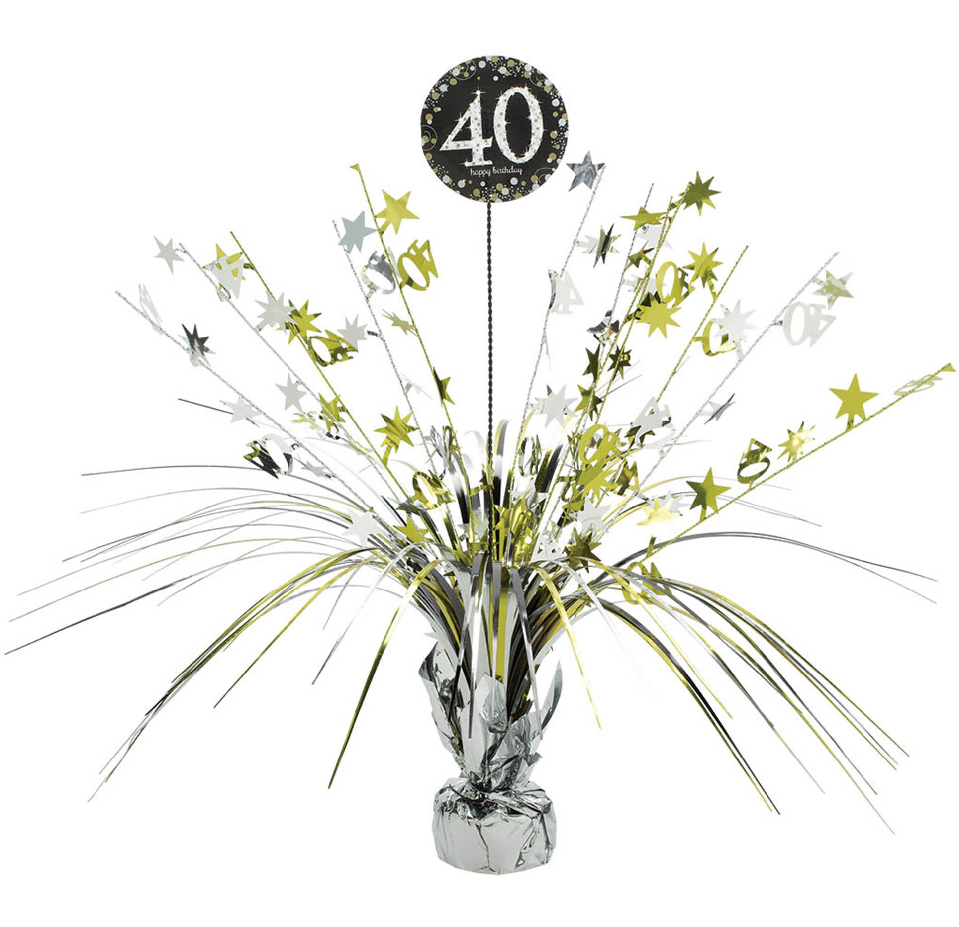 Sparkling Celebration "40 Happy Birthday" Metallic Tinsel Spray Burst Centerpiece Table Decoration, Black/Gold/Silver, 18-in, for Birthday Party Front_Flat