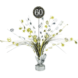 Sparkling Celebration "60 Happy Birthday" Metallic Tinsel Spray Burst Centerpiece Table Decoration, Black/Gold/Silver, 18-in, for Birthday Party Front_Flat