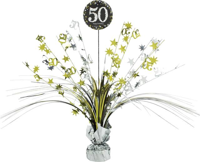 Sparkling Celebration "50 Happy Birthday" Metallic Tinsel Spray Burst Centerpiece Table Decoration, Black/Gold/Silver, 18-in, for Birthday Party Front_Flat