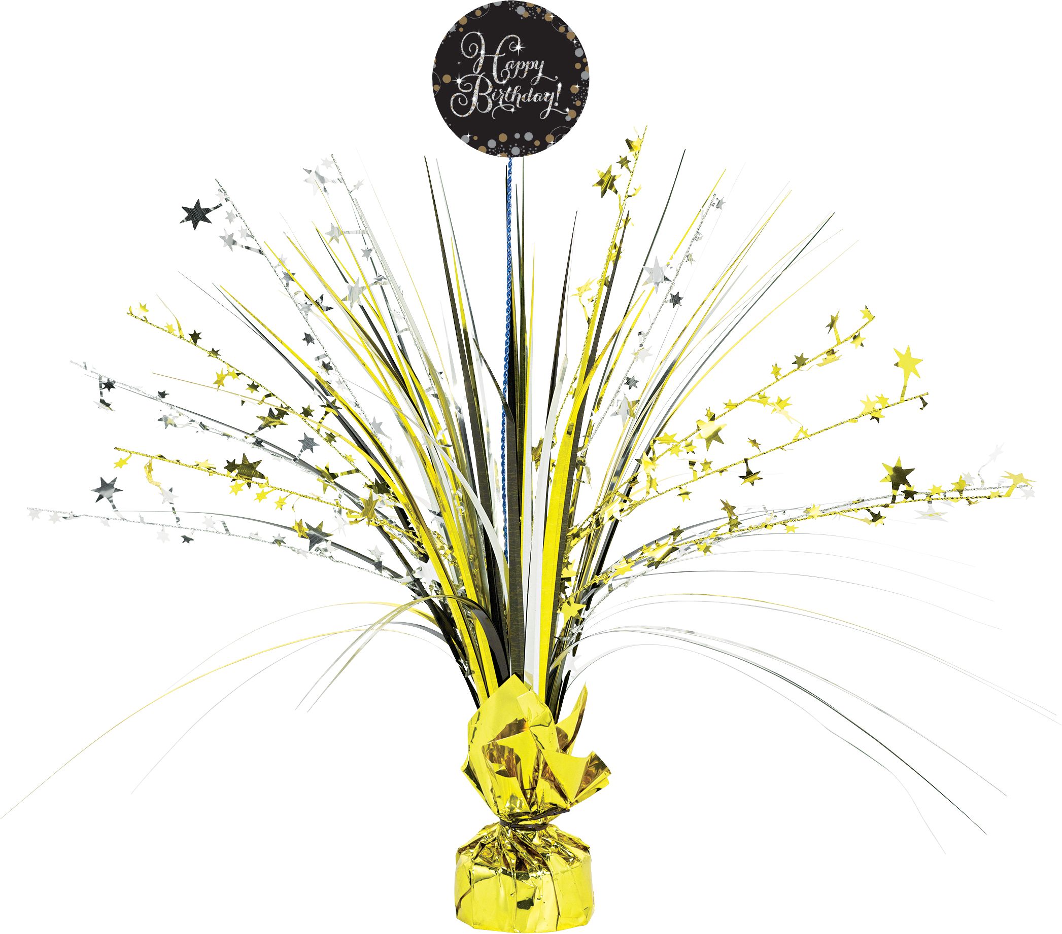 Sparkling Celebration "Happy Birthday" DIY Customizable Tinsel Spray Burst Centerpiece Table Decoration, Black/Gold/Silver, 18-in, for Birthday Party Front_Flat