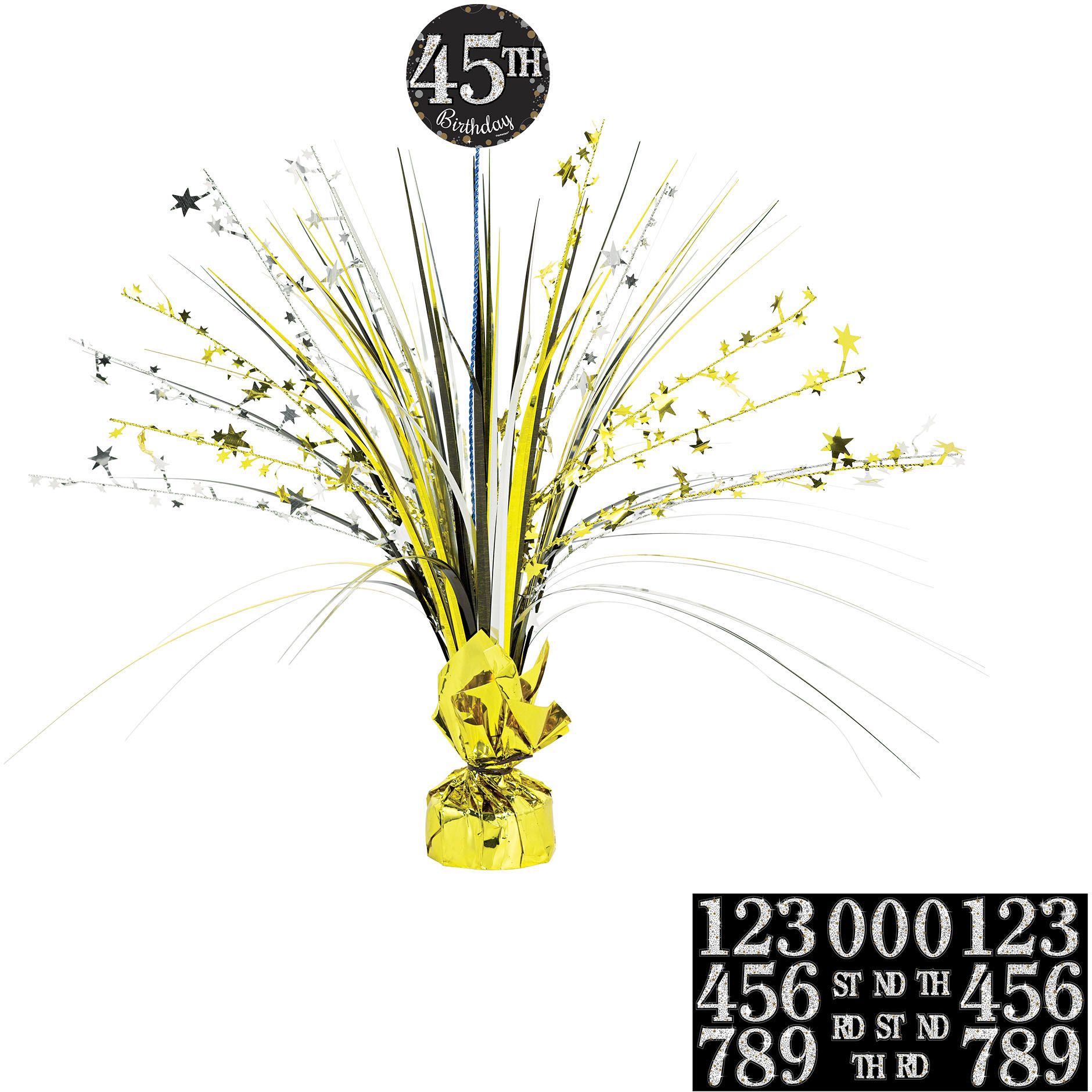 Sparkling Celebration "Happy Birthday" DIY Customizable Tinsel Spray Burst Centerpiece Table Decoration, Black/Gold/Silver, 18-in, for Birthday Party Front_Flat