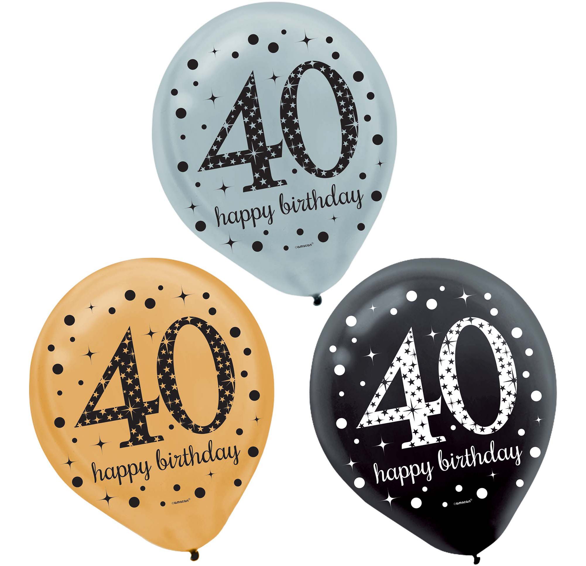 Sparkling Celebration "40 Happy Birthday" Round Latex Balloons, Silver/Black/Gold, Polka Dot, 12-in, 15-pk, for Birthday Party Front_Flat