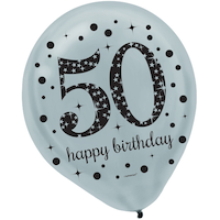Sparkling Celebration "50 Happy Birthday" Round Latex Balloons, Black/Gold/Silver, Polka Dot, 12-in, 15-pk, for Birthday Party Front_Flat