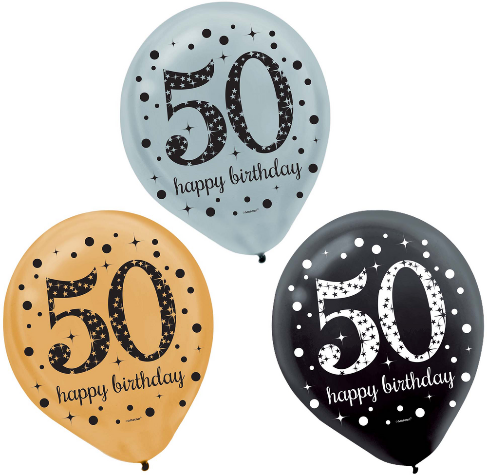 Sparkling Celebration 50 Happy Birthday Round Latex Balloons,  Black/Gold/Silver, Polka Dot, 12-in, 15-pk, for Birthday Party