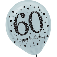 Sparkling Celebration "60 Happy Birthday" Round Latex Balloons, Silver/Black/Gold, Polka Dot, 12-in, 15-pk, for Birthday Party Front_Flat