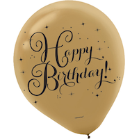 "Happy Birthday" Round Latex Balloons, Gold/Black, 12-in, 15-pk, for Birthday Party Front_Flat