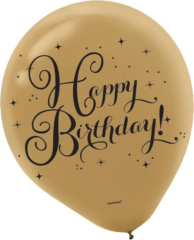 "Happy Birthday" Round Latex Balloons, Gold/Black, 12-in, 15-pk, for Birthday Party Front_Flat
