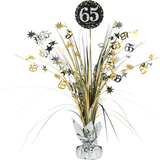 Sparkling Celebration "65 Happy Birthday" Metallic Tinsel Spray Burst Centerpiece Table Decoration, Black/Gold/Silver, 18-in, for Birthday Party Front_Flat
