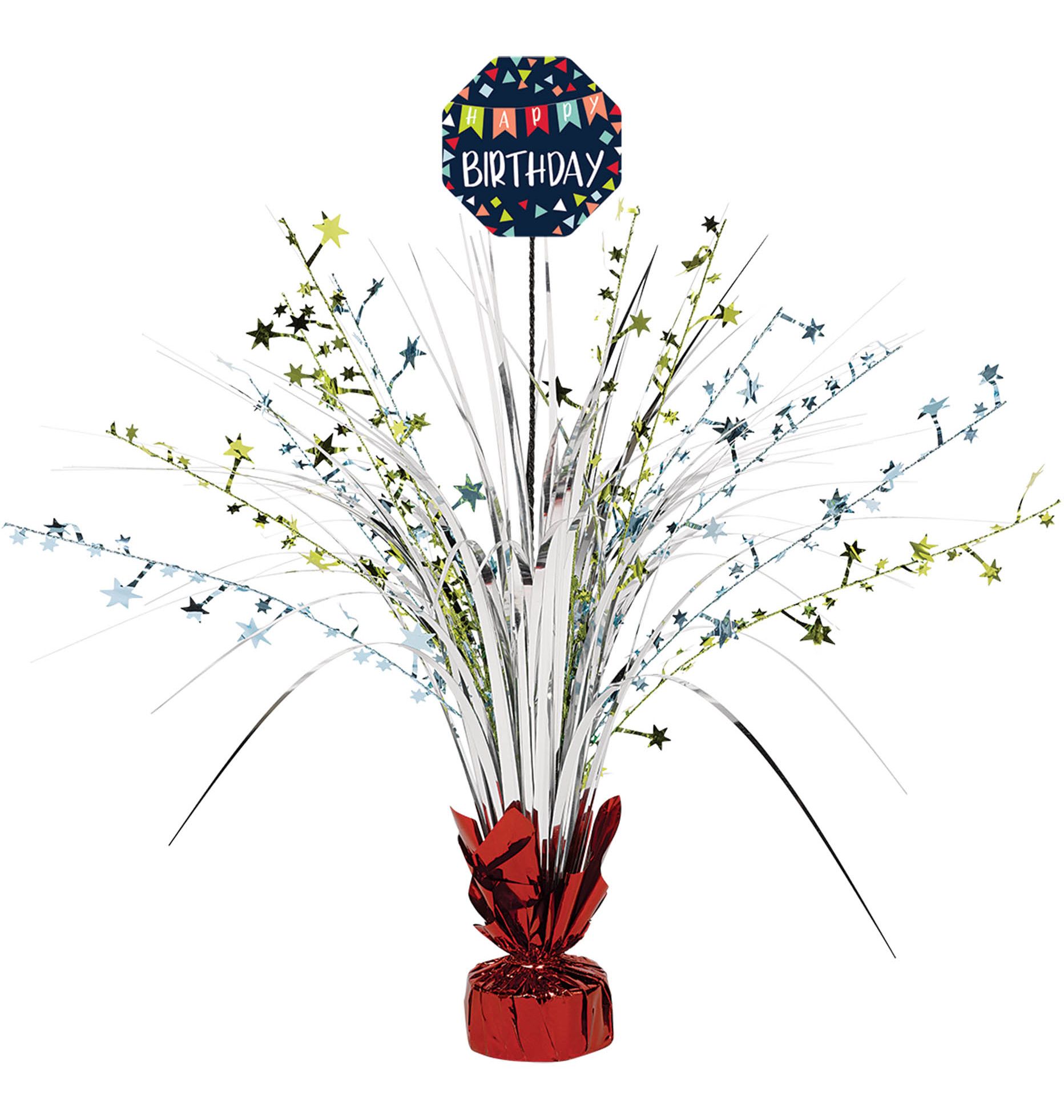 A Reason to Celebrate "Happy Birthday" Metallic Tinsel Spray Burst Centerpiece Table Decoration, Blue/Red, 18-in, for Birthday Party Front_Flat