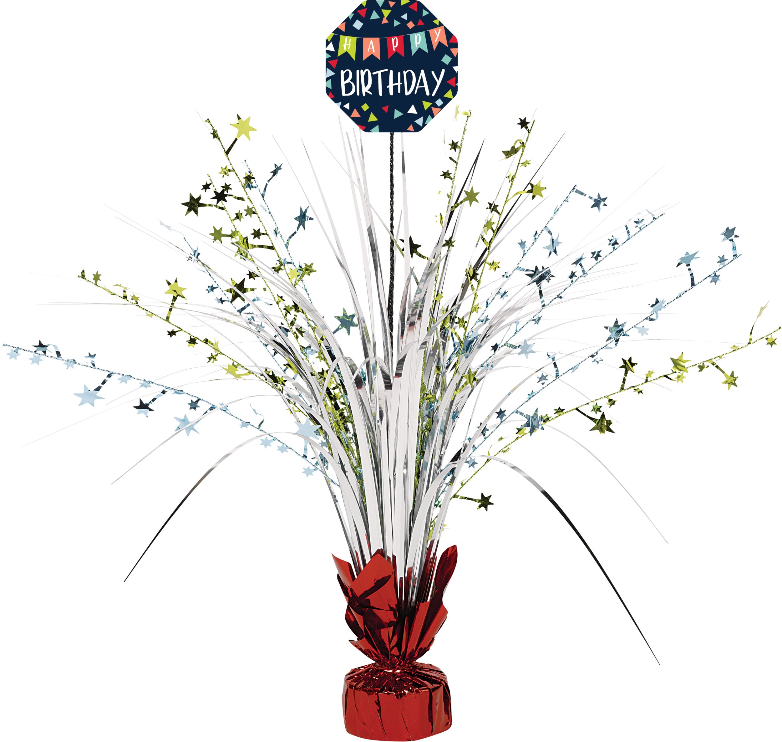A Reason to Celebrate "Happy Birthday" Metallic Tinsel Spray Burst Centerpiece Table Decoration, Blue/Red, 18-in, for Birthday Party Front_Flat