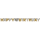 Sparkling Celebration "Happy 40th Birthday" Hanging Garland Banner Decoration, Black/Gold/Silver, Polka Dot, 7-in, for Birthday Party Front_Flat