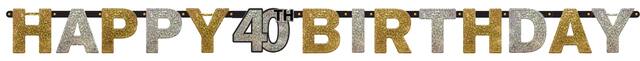 Sparkling Celebration "Happy 40th Birthday" Hanging Garland Banner Decoration, Black/Gold/Silver, Polka Dot, 7-in, for Birthday Party Front_Flat