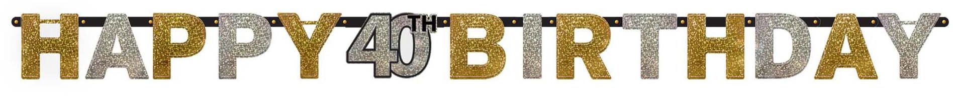 Banderole décorative « Happy Birthday » étape 40e anniversaire, or et argent Front_Flat