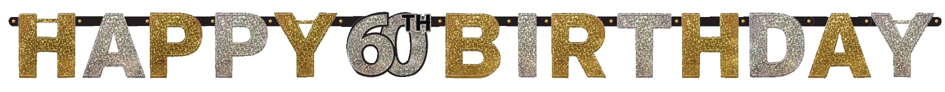 Banderole décorative « Happy Birthday » étape 60e anniversaire, or et argent Front_Flat