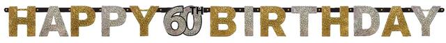 Sparkling Celebration "Happy 60th Birthday" Hanging Garland Banner Decoration, Black/Gold/Silver, Polka Dot, 7-in, for Birthday Party Front_Flat