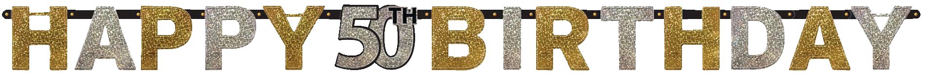 Banderole décorative suspendue Célébration étincelante Happy 50th Birthday, noir/or/argent, pois, 7 po, pour fête d'anniversaire Front_Flat