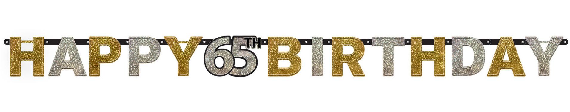 Sparkling Celebration "Happy 65th Birthday" Hanging Garland Banner Decoration, Black/Gold/Silver, Polka Dot, 7-in, for Birthday Party Front_Flat