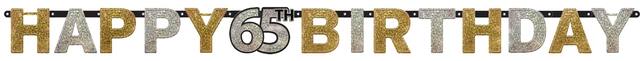 Sparkling Celebration "Happy 65th Birthday" Hanging Garland Banner Decoration, Black/Gold/Silver, Polka Dot, 7-in, for Birthday Party Front_Flat
