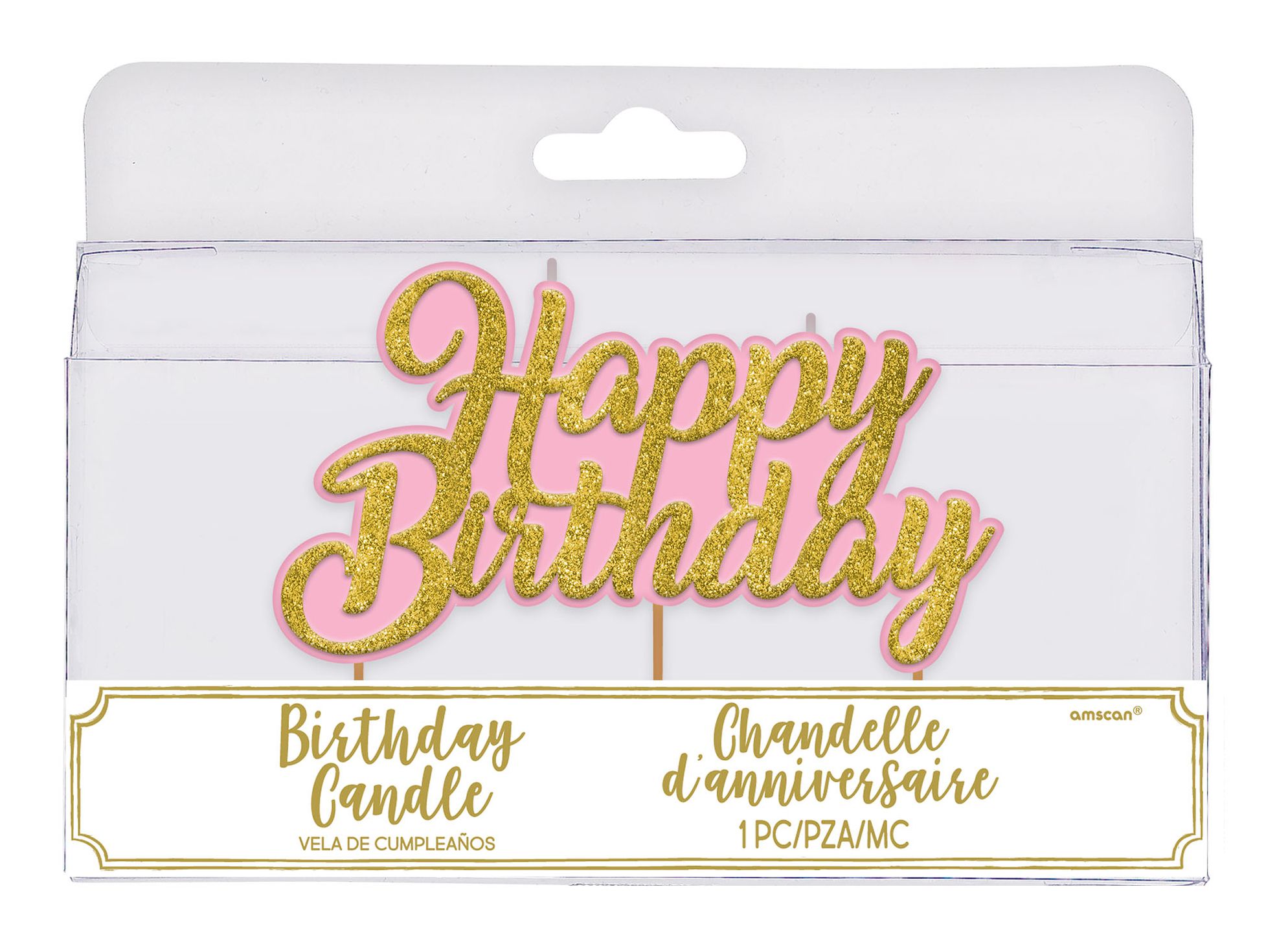 "Happy Birthday" Glitter Wax Candles, Gold/Pink, 4.3-in, for Birthday Party Front_Flat