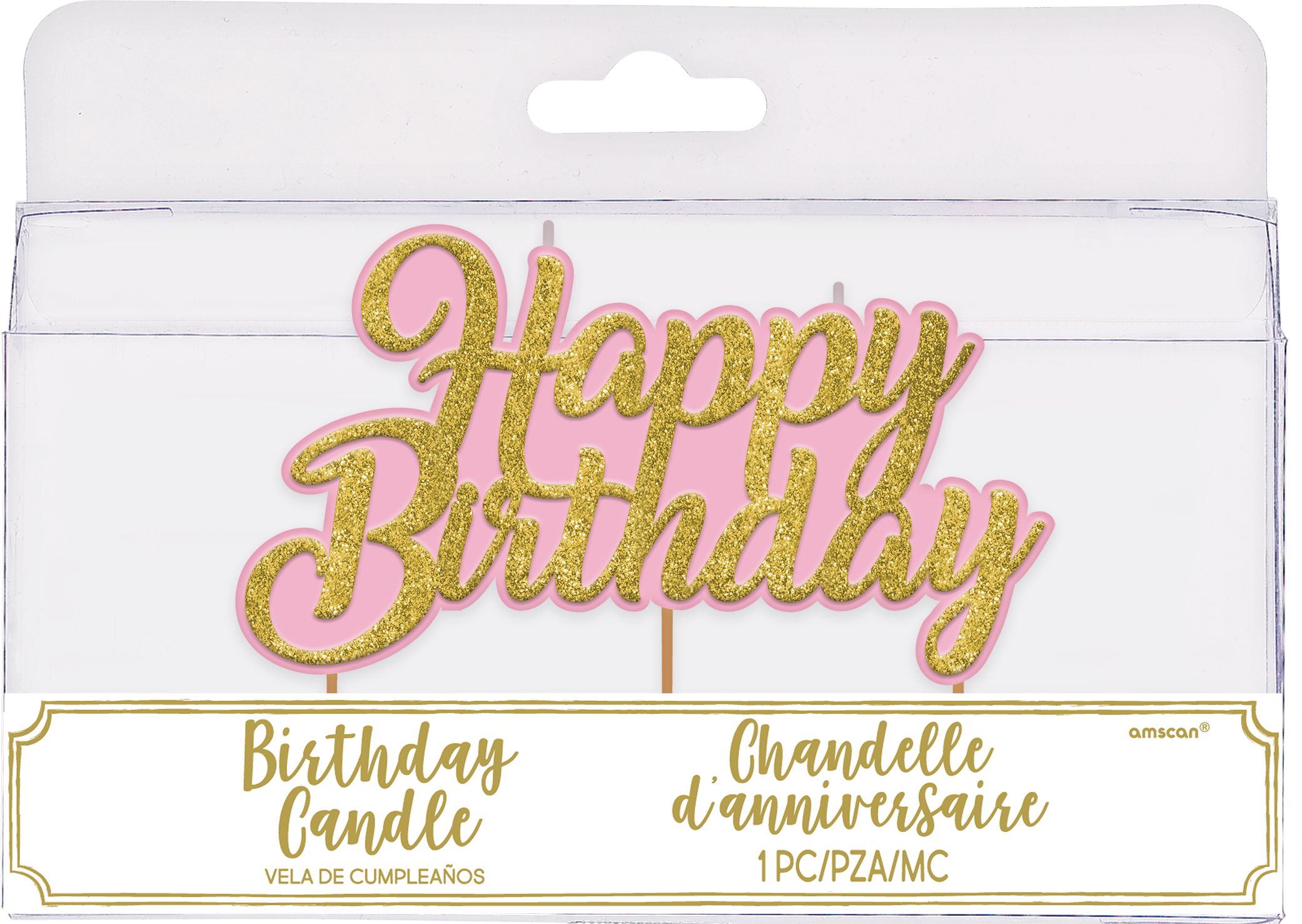 "Happy Birthday" Glitter Wax Candles, Gold/Pink, 4.3-in, for Birthday Party Front_Flat