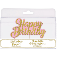 "Happy Birthday" Glitter Wax Candles, Gold/Pink, 4.3-in, for Birthday Party Front_Flat