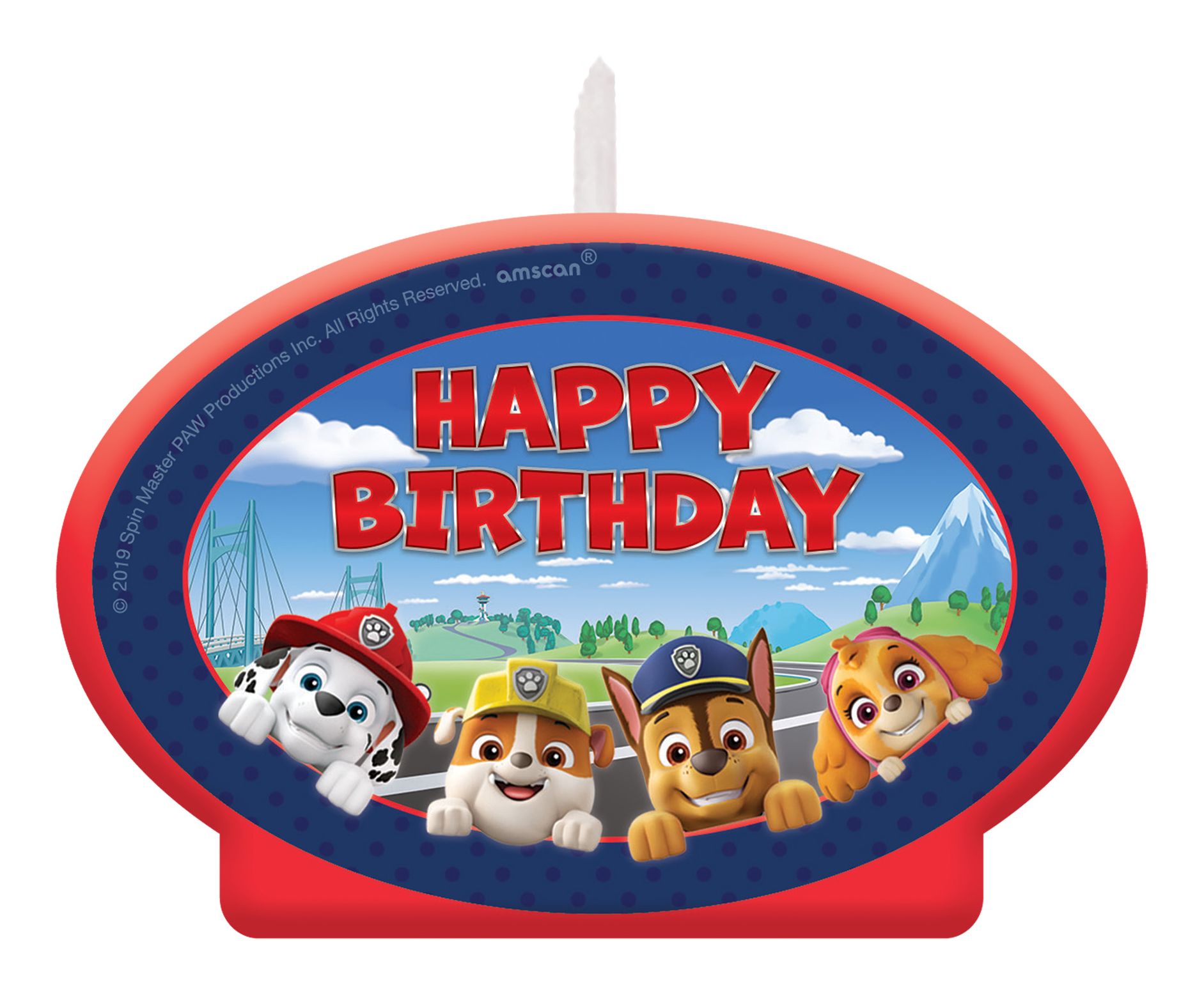 Nickelodeon PAW Patrol Chase/Marshall/Rubble/Skye "Happy Birthday" Wax Candle, Blue/Red, 4.5-in, for Birthday Party Front_Flat