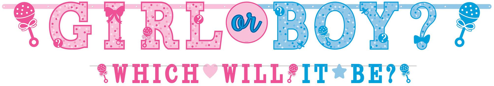 "Girl or Boy?" Hanging Garland Banner Decoration, Blue/Pink, 9.5-in, 2-pk, for Gender Reveal Front_Flat