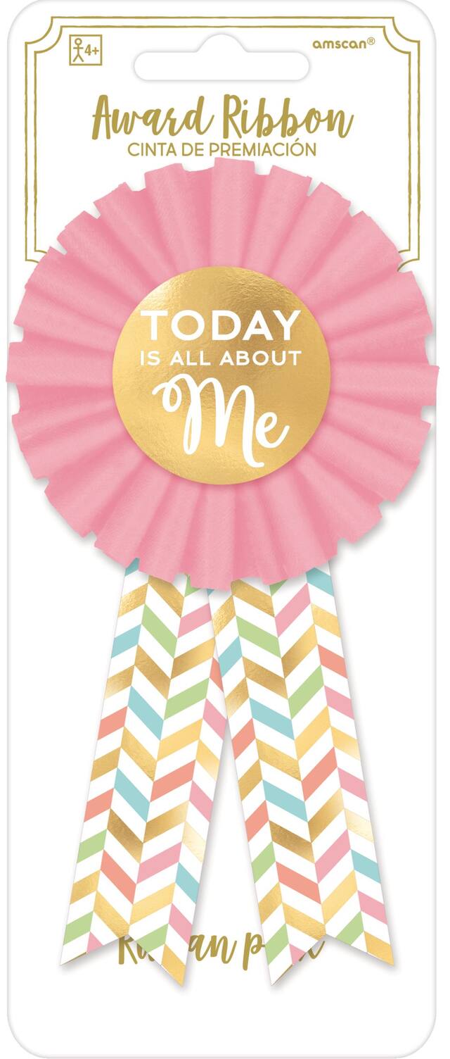 Ruban de mérite Today is All About Me pour anniversaire, rose/doré à chevrons, taille unique, accessoire portable pour anniversaires Front_Flat