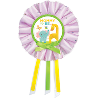 "Mommy To Be" Elephant & Giraffe Award Ribbon, Purple/Yellow, One Size, Wearable Accessory for Baby Shower/Gender Reveal Front_Flat