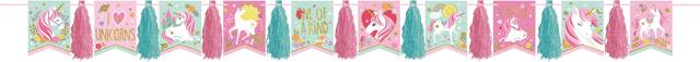Guirlande à pampilles d'anniversaire, licorne magique, sarcelle et rose Front_Flat