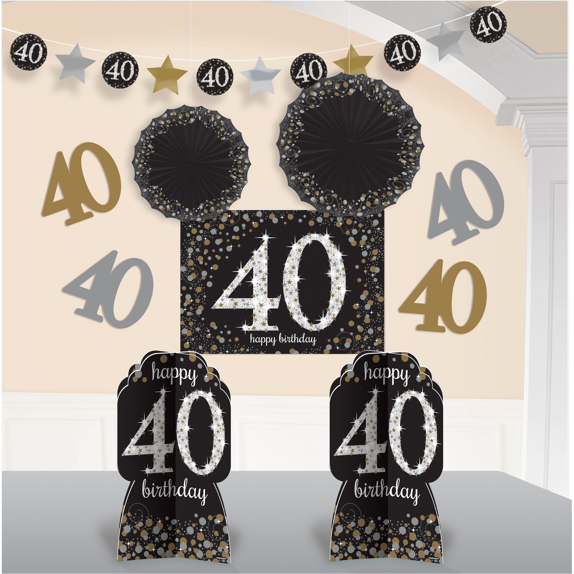 Sparkling Celebration "Happy 40th Birthday" Room & Table Centerpiece Decorating Kit, Black/Gold/Silver, Polka Dot, 10-in, 10-pk, for Birthday Party Front_Flat