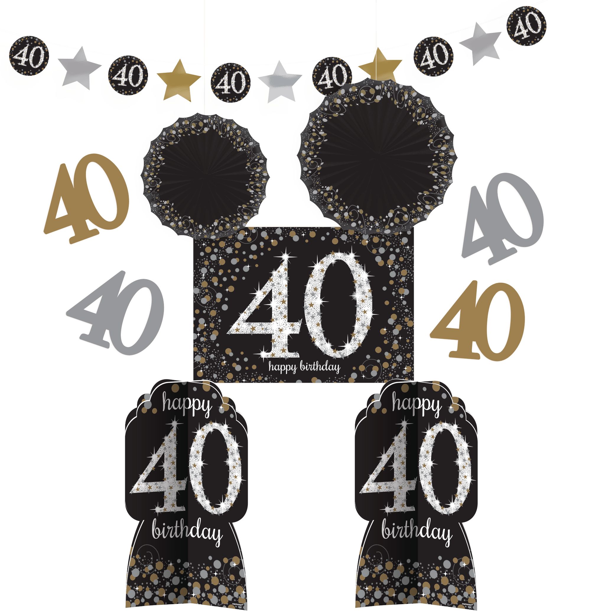 Sparkling Celebration "Happy 40th Birthday" Room & Table Centerpiece Decorating Kit, Black/Gold/Silver, Polka Dot, 10-in, 10-pk, for Birthday Party Front_Flat
