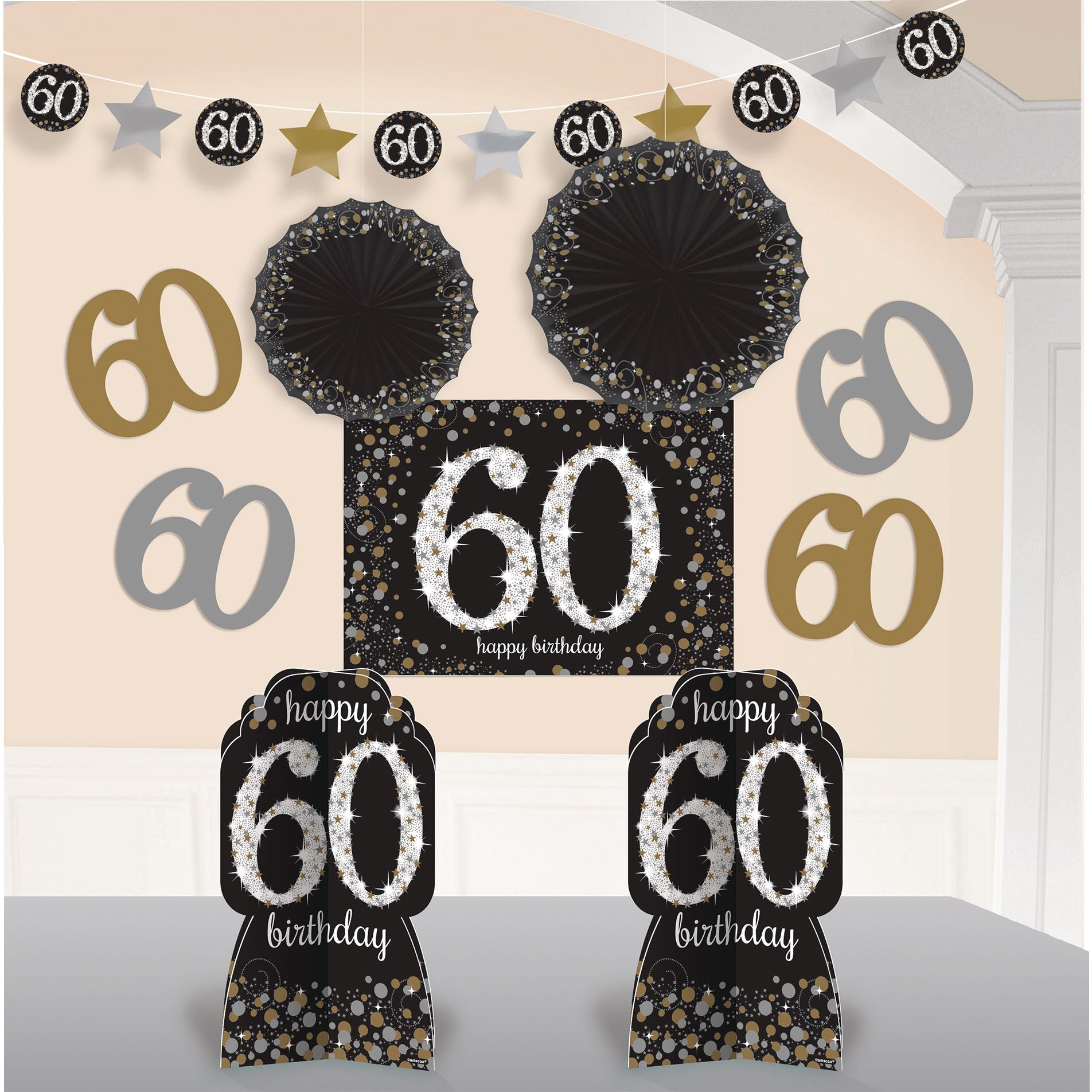 Sparkling Celebration "Happy 60th Birthday" Room & Table Centerpiece Decorating Kit, Black/Gold/Silver, Polka Dot, 10-in, 10-pk, for Birthday Party Front_Flat