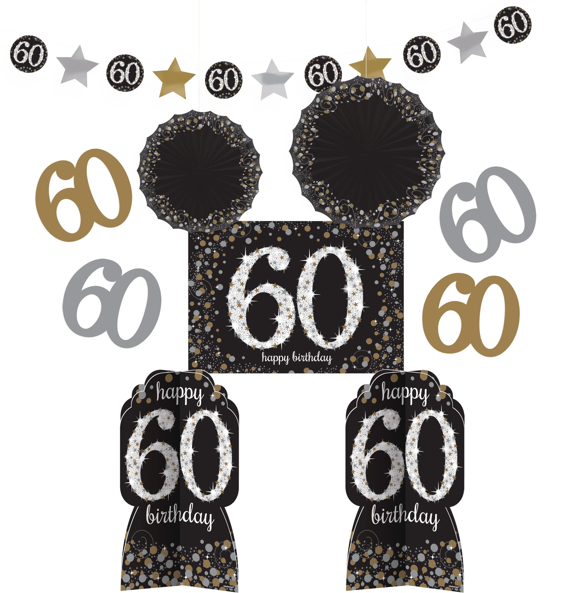 Sparkling Celebration "Happy 60th Birthday" Room & Table Centerpiece Decorating Kit, Black/Gold/Silver, Polka Dot, 10-in, 10-pk, for Birthday Party Front_Flat