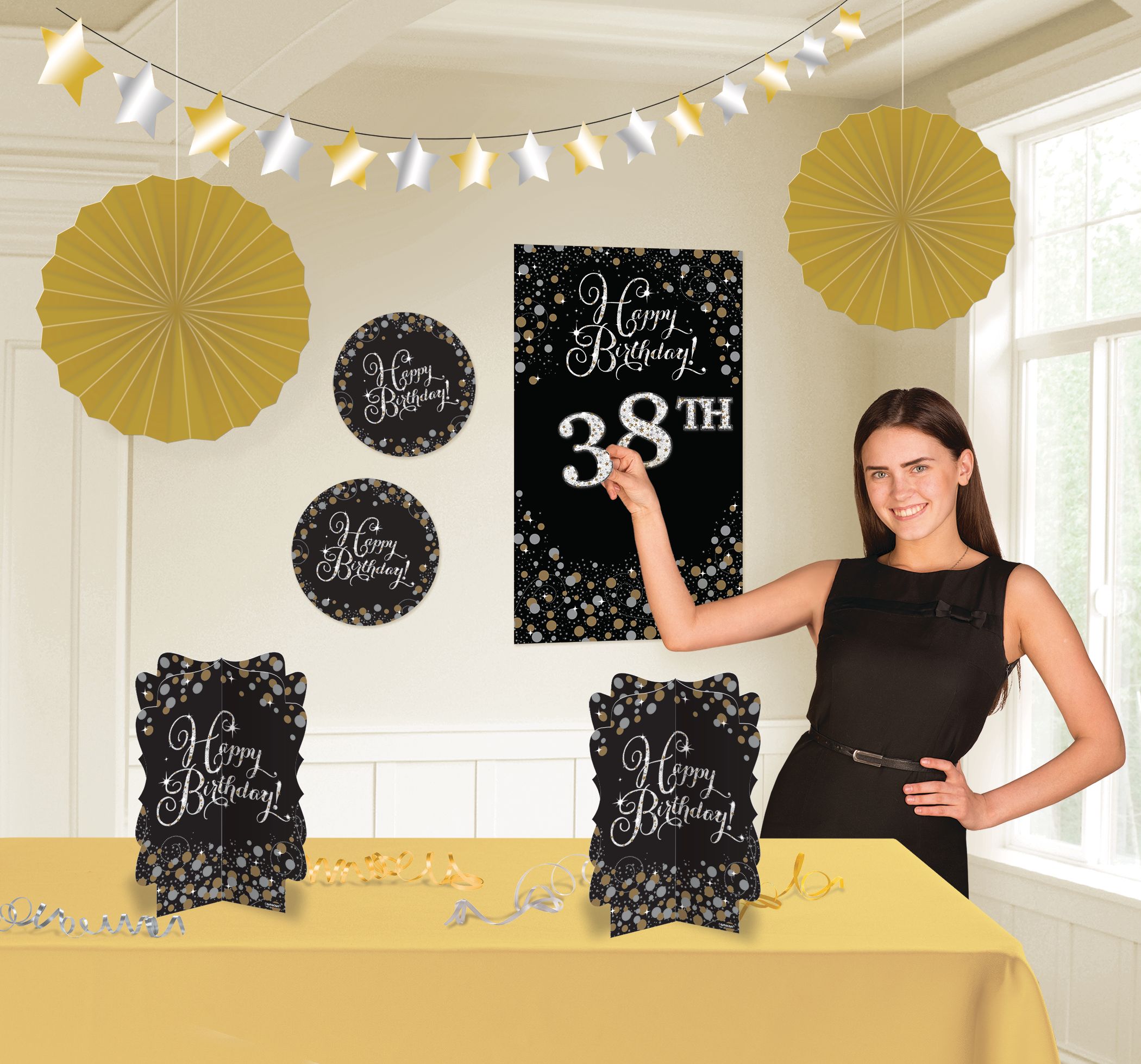 Sparkling Celebration DIY Customizable Room & Wall Centerpiece Decorating Kit, Black/Gold/Silver, Polka Dot, 10-in, 36-pk, for Birthday Party Composite_or_Mixed