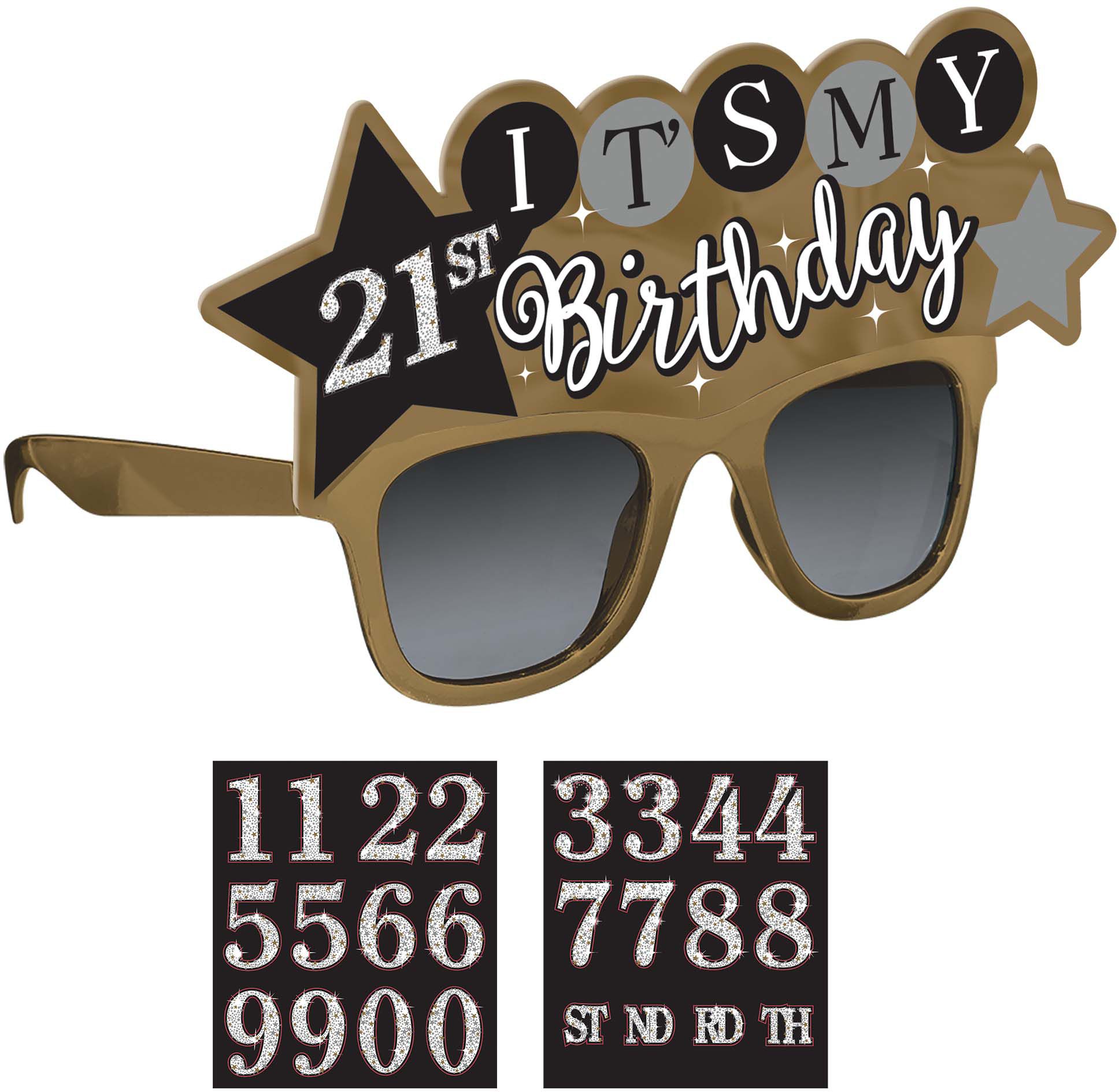 Sparkling Celebration "It's My Birthday" Customizable DIY Sunglasses & Numbers Kit, Gold/Black, One Size, 25-pk, Wearable Accessories for Birthdays Composite_or_Mixed