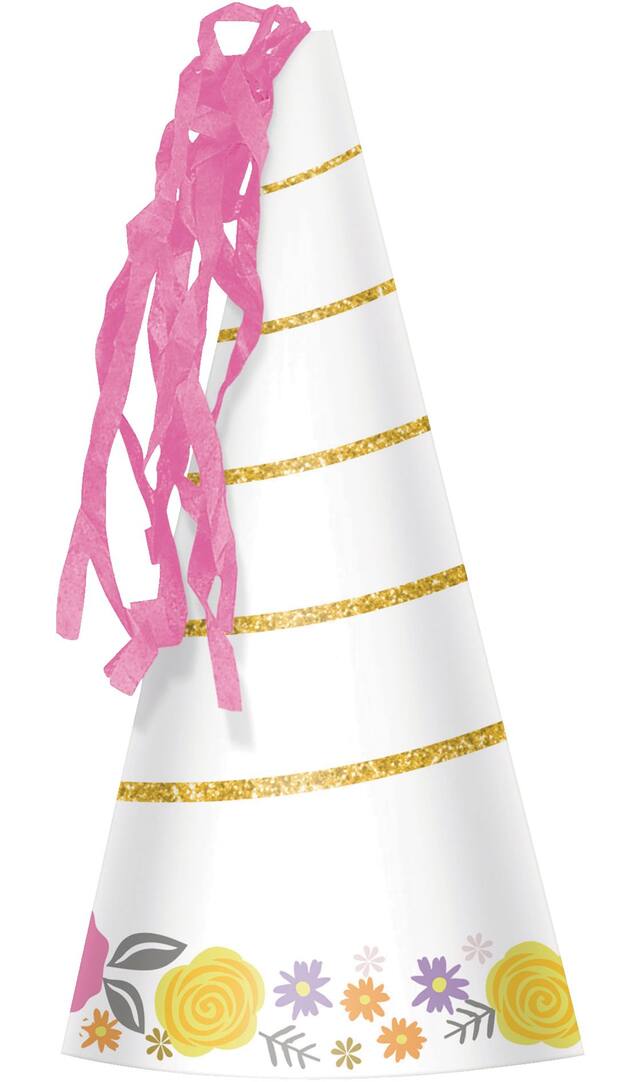 Unicorn Cone Party Hats with Streamers, White/Pink, One Size, 8-pk, Wearable Accessories for Birthdays Front_Flat