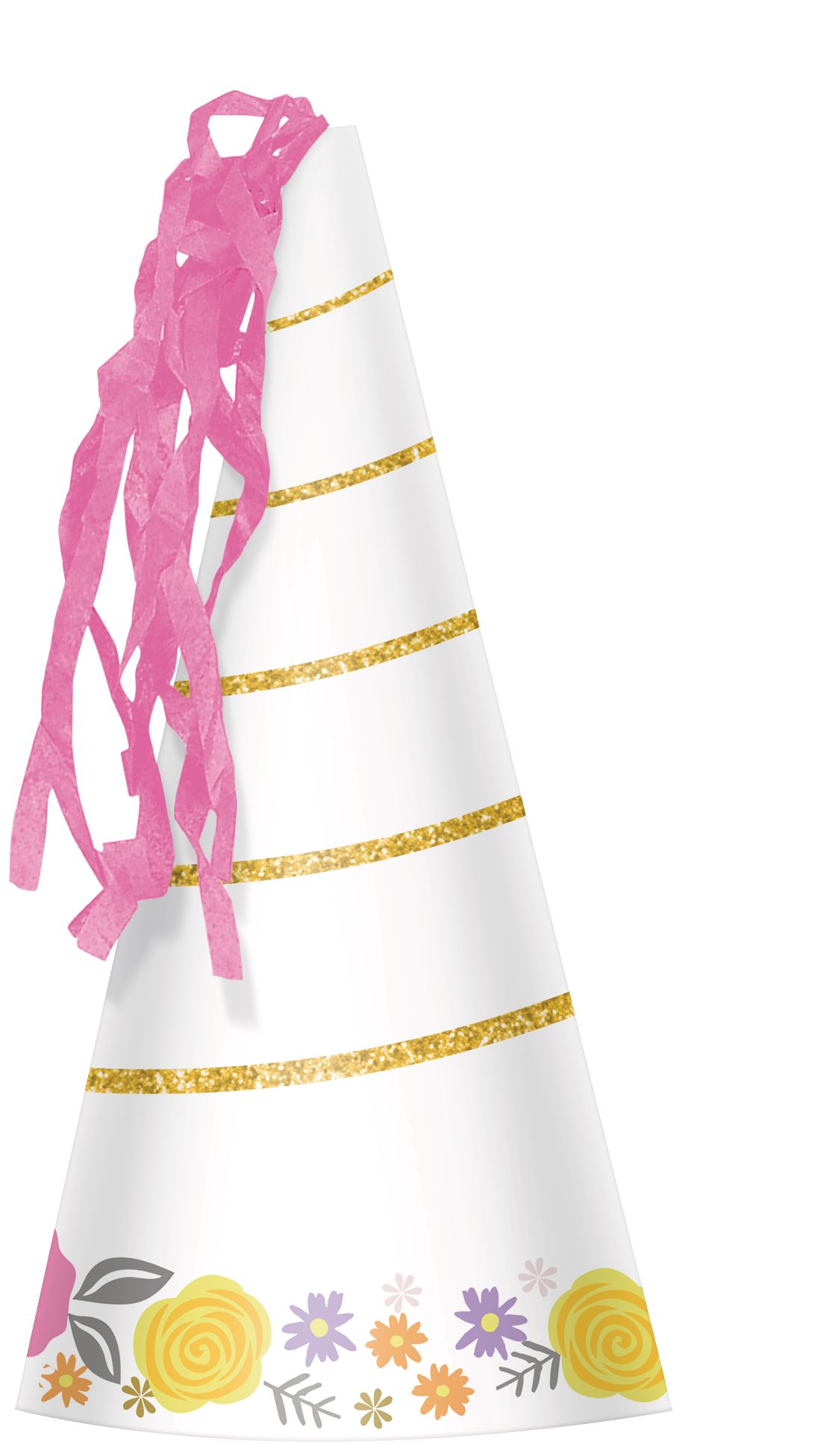 Unicorn Cone Party Hats with Streamers, White/Pink, One Size, 8-pk, Wearable Accessories for Birthdays Front_Flat