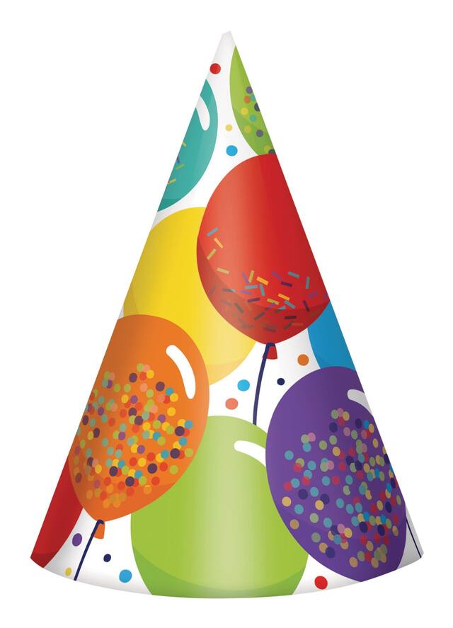 Balloon Birthday Cone Party Hats, Multi-Coloured, One Size, 24-pk, Wearable Accessories for Birthdays Front_Flat