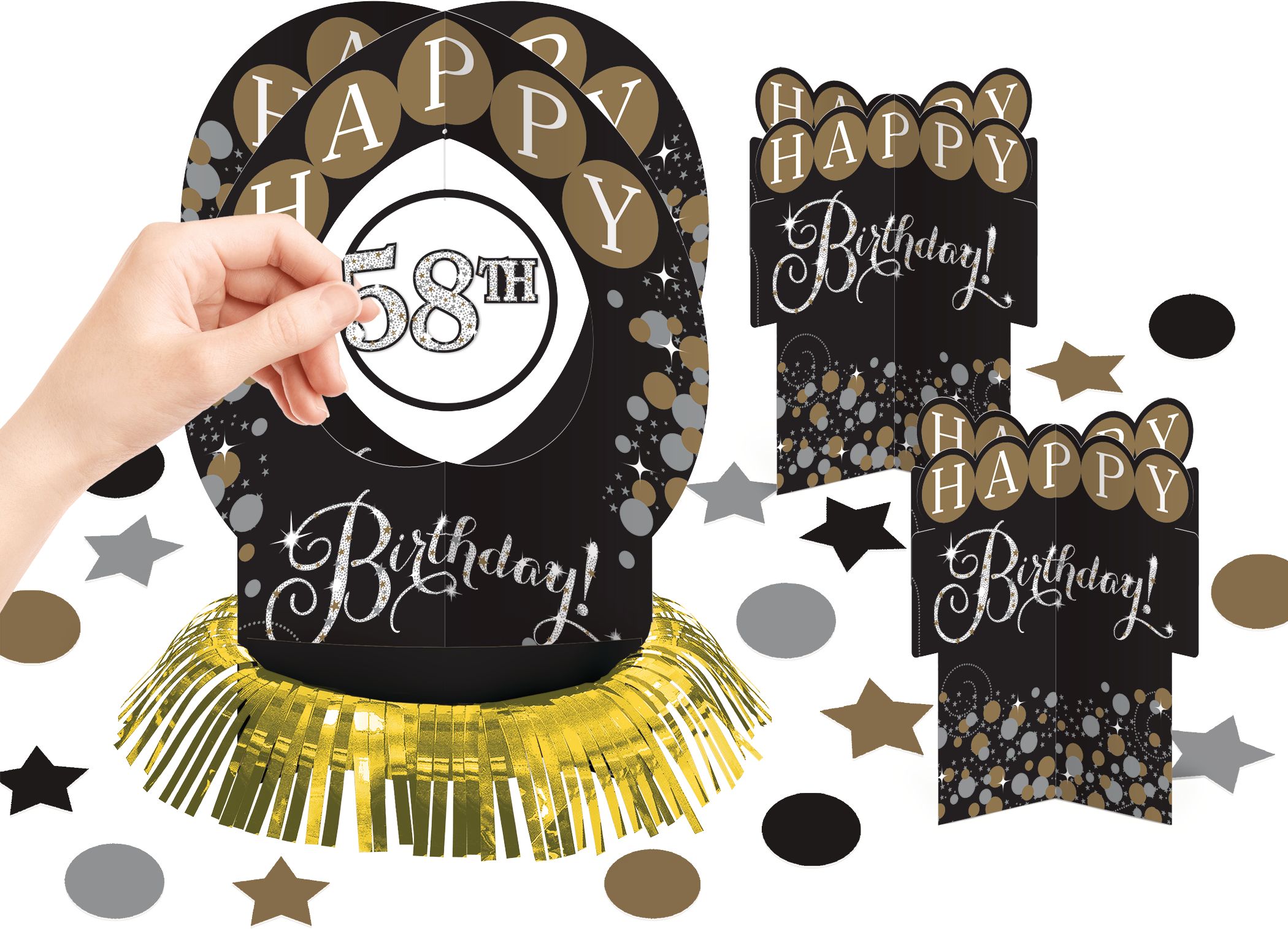 Sparkling Celebration "Happy Birthday" DIY Customizable Table Decoration Centerpieces with Confetti, Black/Gold/Silver, 10.5-in, 51-pk, for Birthday Front_Flat
